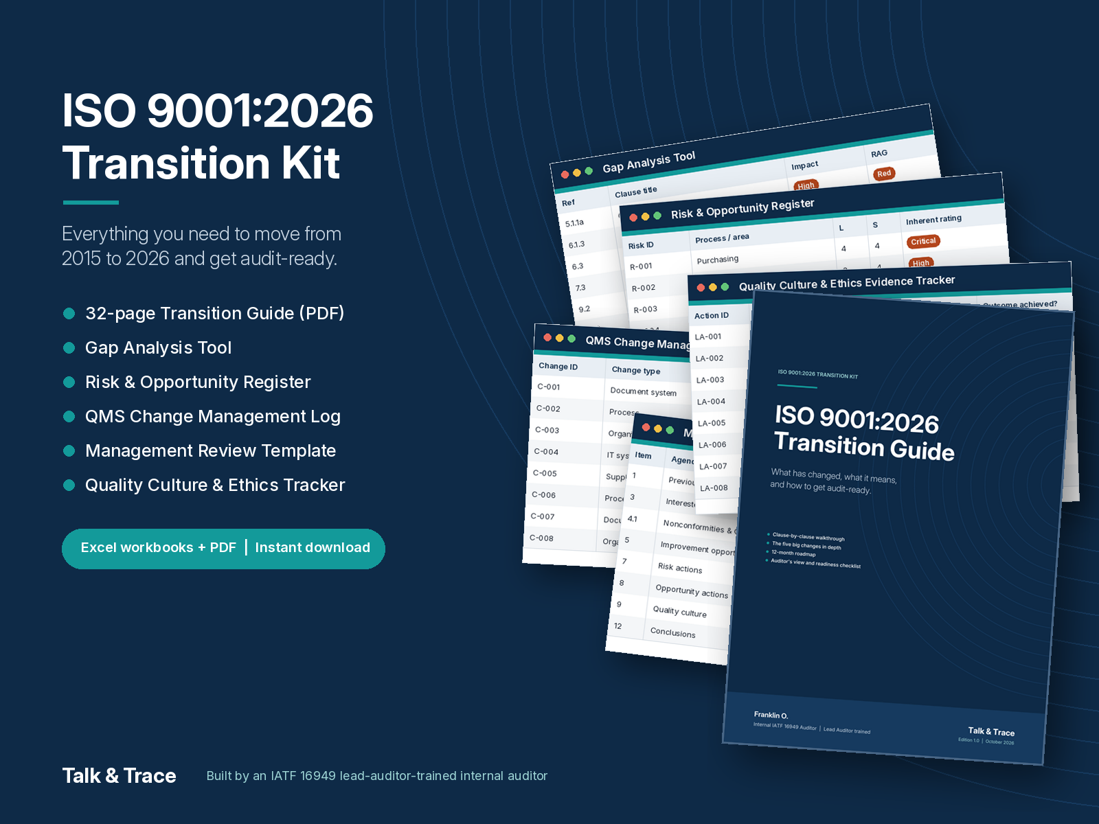 ISO 9001:2026 Transition Kit overview, showing the transition guide and five workbook tools